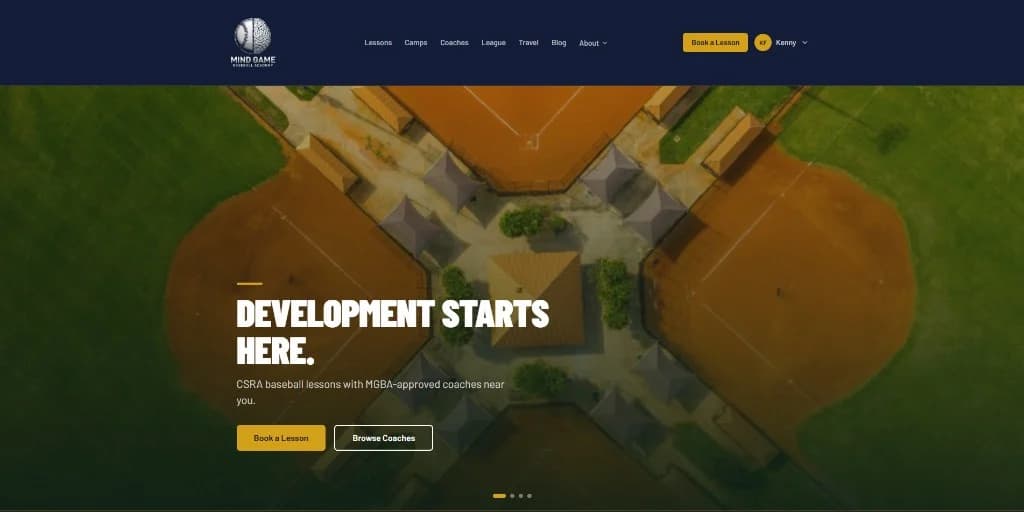 Mind Game Baseball Academy homepage — CSRA youth baseball site we designed and shipped